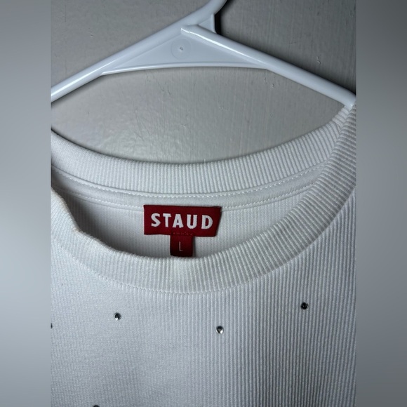 STAUD CREW NECK WHITE T-SHIRT with rhinestones size large - Picture 3 of 7